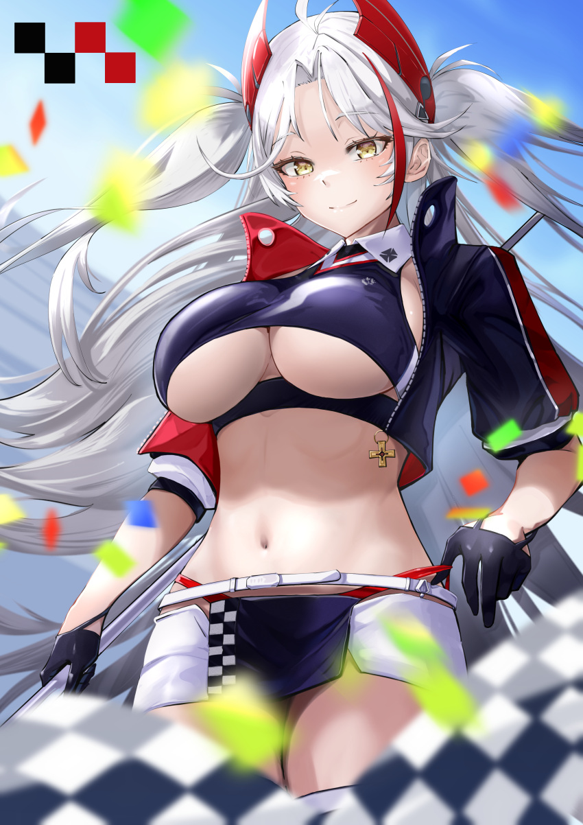 1girl absurdres antenna_hair azur_lane blush breasts closed_mouth confetti headgear highres large_breasts long_hair looking_at_viewer official_alternate_costume prinz_eugen_(final_lap)_(azur_lane) racequeen revealing_clothes sankyo_(821-scoville) silver_hair smile solo two_side_up under_boob very_long_hair yellow_eyes