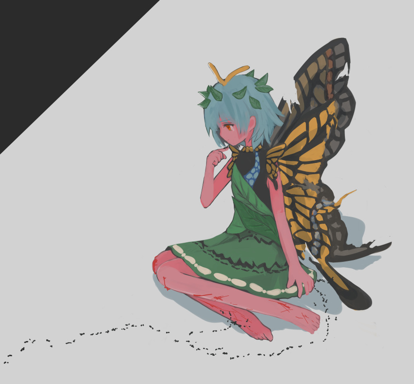 1girl absurdres animal ant antennae aqua_hair bare_legs barefoot blood bug butterfly_wings closed_mouth cuts dress eternity_larva fairy full_body green_dress highres ichinose_(kurui96) injury leaf leaf_on_head multicolored_clothes multicolored_dress orange_eyes short_hair single_strap solo tears torn_wings touhou wings