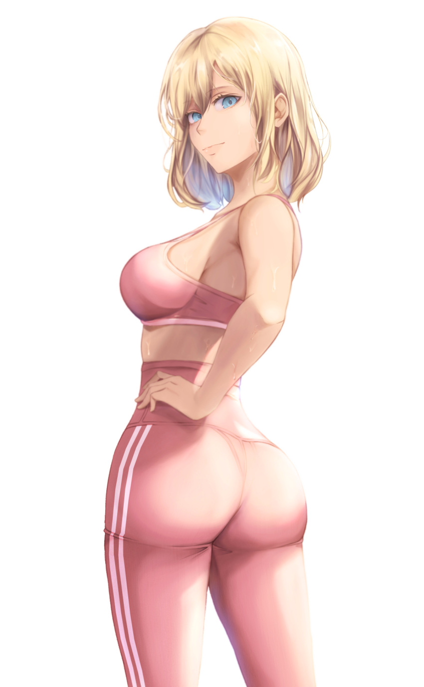 1girl ass back bangs bare_arms bare_shoulders blonde_hair blue_eyes breasts contrapposto cowboy_shot crop_top from_behind hand_on_hip highres looking_at_viewer looking_back lupaan medium_breasts midriff original pants parted_bangs pink_pants pink_sports_bra sideboob simple_background solo sports_bra standing sweat taut_clothes taut_pants twisted_torso yoga_pants