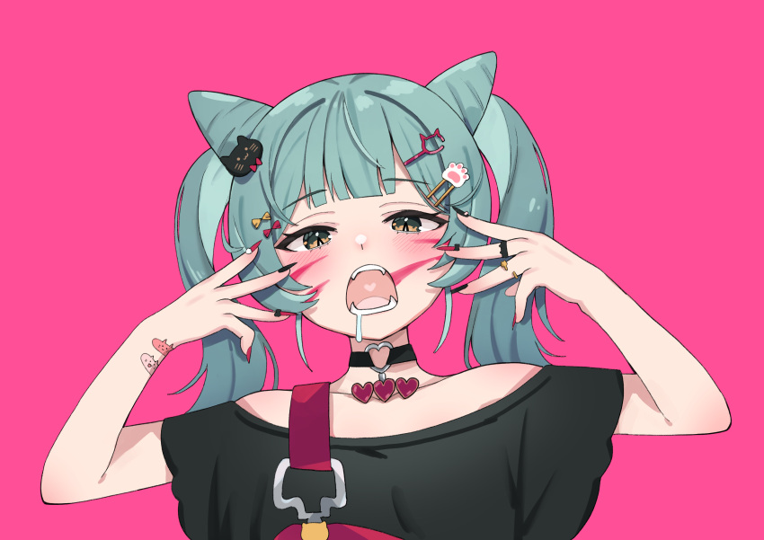 1girl absurdres animal_ears animal_hair_ornament aqua_eyes aqua_hair black_nails black_shirt blush casual collarbone commentary drooling eyebrows_visible_through_hair fingernails hair_ornament hairclip hands_up hatsune_miku heart heart_collar heart_in_mouth heart_pendant highres long_hair multicolored_nails open_mouth pink_background red_nails shirt sidelocks simple_background solo twintails vocaloid