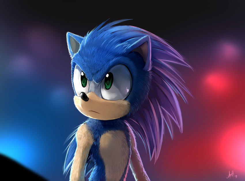 1boy animal_ears animal_nose artist_name blue_fur blue_hair blurry blurry_background body_fur closed_mouth commentary dated english_commentary furry furry_male green_eyes highres long_hair looking_up male_focus signature skeleion solo sonic_(series) sonic_the_hedgehog sonic_the_hedgehog_(film) two-tone_fur upper_body yellow_fur