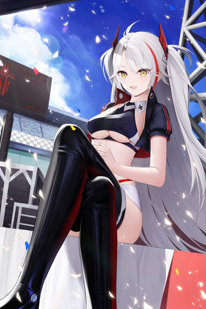 1girl absurdres azur_lane bangs blue_sky boots breasts clouds crossed_legs grey_eyes grey_hair highres jacket jacket_on_shoulders latex long_hair looking_at_viewer prinz_eugen_(azur_lane) racequeen sitting sky smile solo sunlight thigh-highs thigh_boots under_boob yellow_eyes yu_(want_rou_nai_zi)