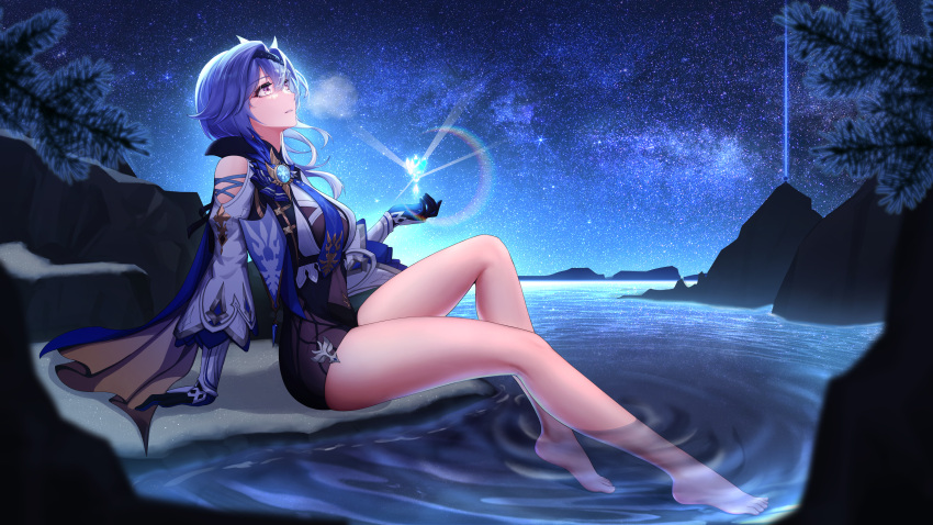 1girl 958951653 absurdres arm_support bare_legs bare_shoulders barefoot black_gloves black_leotard blue_cape blue_hair blue_necktie blue_theme blurry branch breasts breath brooch cape clothing_cutout crystal depth_of_field eula_(genshin_impact) from_side full_body genshin_impact gloves glowing hair_intakes hairband heterochromia highres jewelry knee_up lake layered_sleeves leaning_back leotard long_hair long_sleeves looking_away looking_up mountainous_horizon nature necktie night night_sky outdoors outstretched_hand parted_lips ripples rock shoulder_cutout sky soaking_feet solo sparkle star_(sky) stargazing starry_sky two-sided_cape two-sided_fabric violet_eyes yellow_eyes