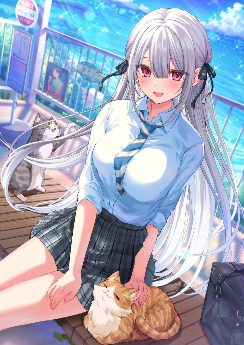 1girl :d bag bangs black_bag blue_sky blush breasts clouds collared_shirt cowboy_shot day dutch_angle green_ribbon green_skirt hair_ribbon hand_on_own_thigh highres large_breasts leaf lens_flare long_hair looking_at_viewer mikeneko_mari miniskirt multiple_cats necktie ocean open_mouth original outdoors petting plaid plaid_skirt railing red_eyes ribbon school_bag school_uniform shirt shirt_tucked_in sidelocks sitting skirt sky sleeves_rolled_up smile solo sparkle striped_necktie sunlight taut_clothes taut_shirt thighs white_hair white_shirt wooden_bench