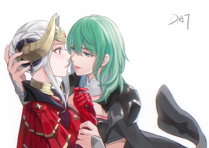 2girls bangs blue_eyes byleth_(fire_emblem) byleth_eisner_(female) commentary da-cart dress edelgard_von_hresvelg eye_contact eyebrows_visible_through_hair fire_emblem fire_emblem:_three_houses gloves green_hair hair_between_eyes highres imminent_kiss long_hair looking_at_another multiple_girls parted_lips red_dress red_gloves short_hair signature silver_hair simple_background upper_body violet_eyes white_background yuri