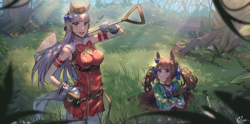 2girls absurdres animal_ears annoyed belt belt_bag brazil breasts brown_hair commission crossed_arms english_commentary gloves gold_ship_(umamusume) grass hat headphones highres horse_ears horse_girl jeze jungle large_breasts long_hair multiple_girls nature shovel signature silver_hair tosen_jordan_(umamusume) twintails umamusume violet_eyes