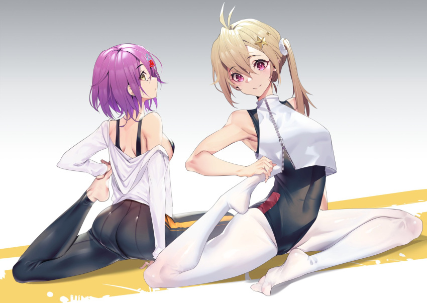 2girls antenna_hair armpits ass bare_arms bare_shoulders barefoot black_pants blonde_hair breasts commentary_request covered_navel crop_top hair_ornament hairclip highres large_breasts long_hair long_sleeves looking_at_viewer looking_away looking_back multiple_girls off_shoulder original pants pantyhose parted_lips shirt short_hair side_ponytail sideboob sitting sleeveless sports_bra star_(symbol) star_hair_ornament stretch teddy_(khanshin) violet_eyes white_legwear white_shirt yellow_eyes yoga_pants