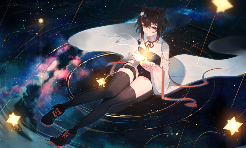 bare_shoulders black_footwear black_hair breasts closed_mouth commission hands_up highres horns looking_at_viewer original red_eyes red_ribbon ribbon see-through shoes short_hair shorts sitting skeb_commission smile thigh-highs zumi_(neronero126)