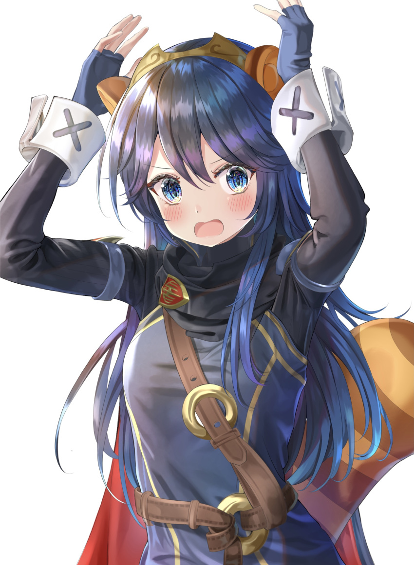 1girl animal_ears arms_up belt blue_eyes blue_gloves blue_hair blush cape embarrassed eyebrows_visible_through_hair fingerless_gloves fire_emblem fire_emblem_awakening gloves hair_between_eyes highres long_hair long_sleeves looking_at_viewer lucina_(fire_emblem) open_mouth orodji_(shinorozi) raccoon_ears raccoon_tail solo super_mario_bros. super_smash_bros. tail tiara upper_body white_background wrist_cuffs