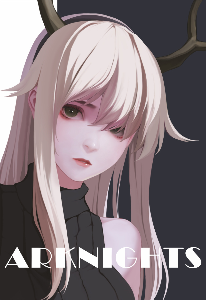 1girl absurdres antlers arknights bangs bare_shoulders black_background black_sweater blonde_hair breasts copyright_name eyelashes firewatch_(arknights) green_eyes hair_between_eyes hair_flaps hair_over_one_eye hairband hc_(user_tem2272) highres leaning_to_the_side lipstick long_hair looking_at_viewer makeup parted_lips ribbed_sweater sleeveless sleeveless_turtleneck solo straight_hair sweater turtleneck turtleneck_sweater white_background