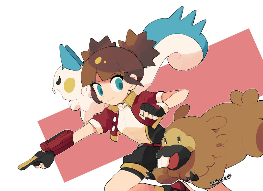 1girl bangs belt belt_buckle bidoof black_gloves black_shorts blunt_bangs brown_belt brown_hair buckle clenched_hand closed_mouth commentary cropped_jacket eyebrows_visible_through_hair eyelashes fingerless_gloves gloves green_eyes highres jacket jiugong_chi kate_(pokemon) looking_to_the_side open_clothes open_jacket pachirisu pokemon pokemon_(creature) pokemon_ranger red_jacket short_hair short_twintails shorts smile twintails twitter_username