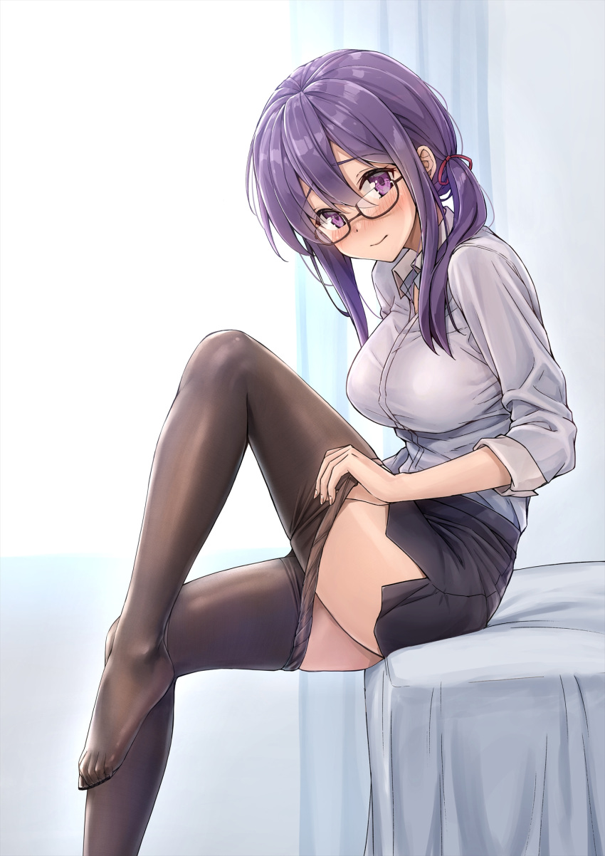1girl black_legwear black_skirt blush breasts clothes_pull commentary_request glasses hair_between_eyes highres indoors kotatsu_(kotatsu358) large_breasts long_hair looking_at_viewer miniskirt office_lady original pantyhose pantyhose_pull purple_hair reward_available scrunchie shirt side_ponytail sitting skirt smile solo undressing violet_eyes