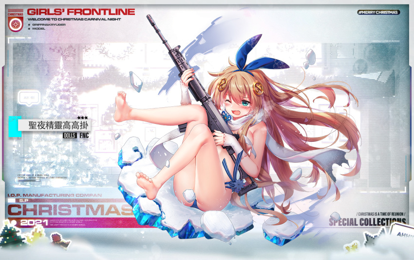1girl 2021 animal_ears assault_rifle bangs bare_legs barefoot blonde_hair blue_panties blush bra breasts character_name christmas christmas_ornaments copyright_name english_text eyebrows_visible_through_hair fake_animal_ears fnc_(girls'_frontline) full_body girls_frontline gloves green_eyes gun hair_between_eyes hair_ornament hairclip holding holding_gun holding_weapon legs long_hair looking_away medium_breasts merry_christmas no_shoes official_alternate_costume official_art on_floor one_eye_closed open_mouth panties partially_fingerless_gloves promotional_art rifle scarf shenbei_xiaoqiu sideboob simple_background sitting soles solo toes torn_bra torn_clothes torn_scarf underwear weapon white_gloves white_scarf