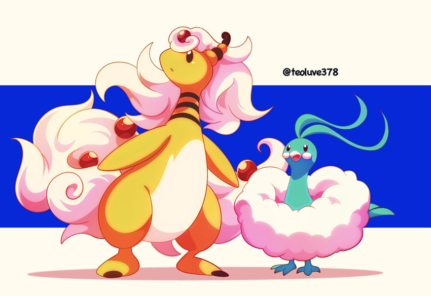 altaria ampharos beak brown_eyes fluffy highres jacknaiff looking_up mega_ampharos mega_pokemon no_humans parted_lips pokemon pokemon_(creature) standing symbol-only_commentary twitter_username