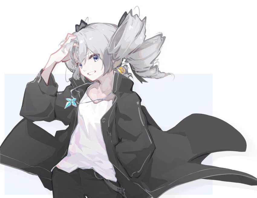 1girl absurdres bangs black_jacket black_pants blue_background bow bronya_zaychik drill_hair earrings grey_eyes grey_hair grin hair_bow hand_in_pocket highres honkai_(series) honkai_impact_3rd jacket jewelry linxi long_sleeves looking_at_viewer necklace open_clothes open_jacket pants shirt smile solo teeth twin_drills two-tone_background white_background white_shirt