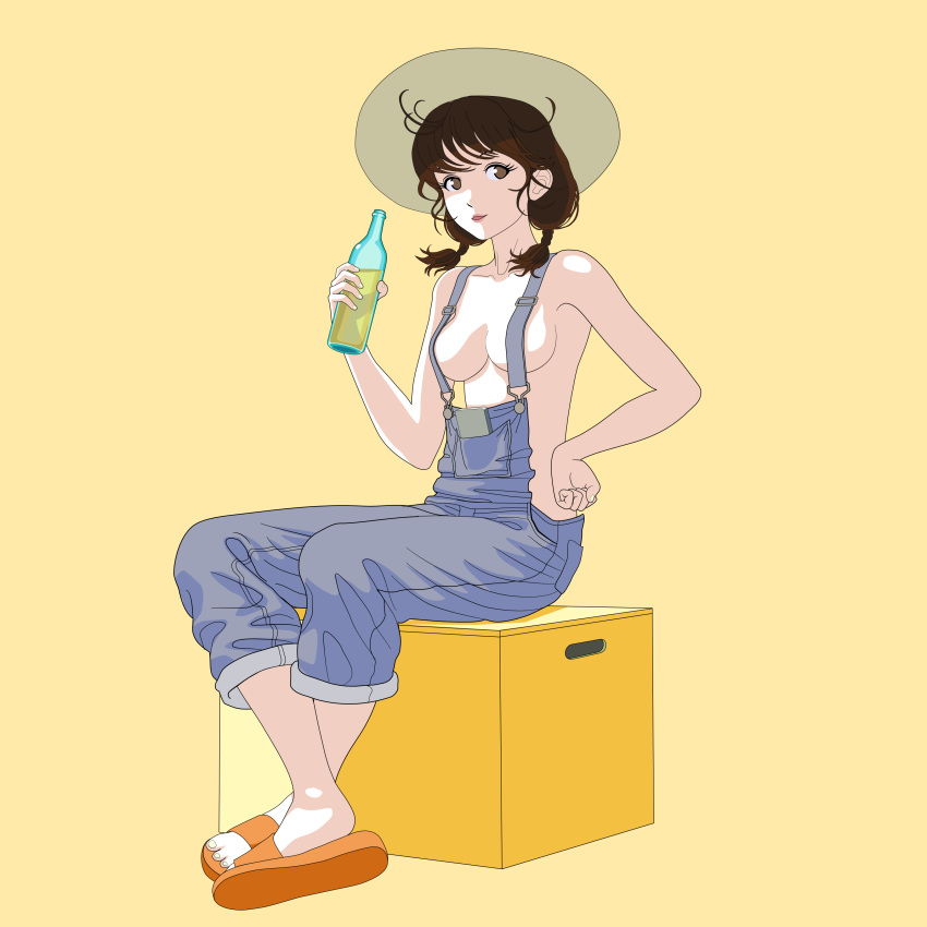 1girl absurdres bangs black_hair blue_overalls bottle breasts breasts_apart brown_eyes bwhitsudi crossed_legs full_body grey_headwear hand_on_hip hat highres holding holding_bottle medium_breasts naked_overalls orange_footwear original overalls sandals shadow sideboob simple_background sitting smile solo twintails yellow_background