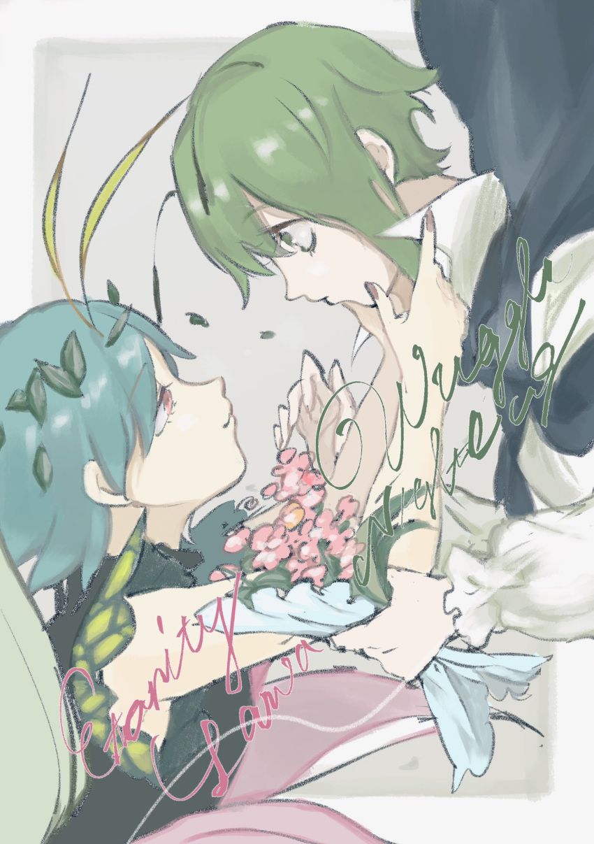 2girls antennae aqua_hair bad_id bad_twitter_id black_cape bouquet butterfly_wings cape character_name closed_mouth dress eternity_larva eyebrows_visible_through_hair fairy flower green_dress green_eyes green_hair hair_between_eyes highres holding holding_bouquet komaki_(km_2000) leaf leaf_on_head multicolored_clothes multicolored_dress multiple_girls orange_eyes pink_flower short_hair single_strap smile third-party_source touhou wings wriggle_nightbug