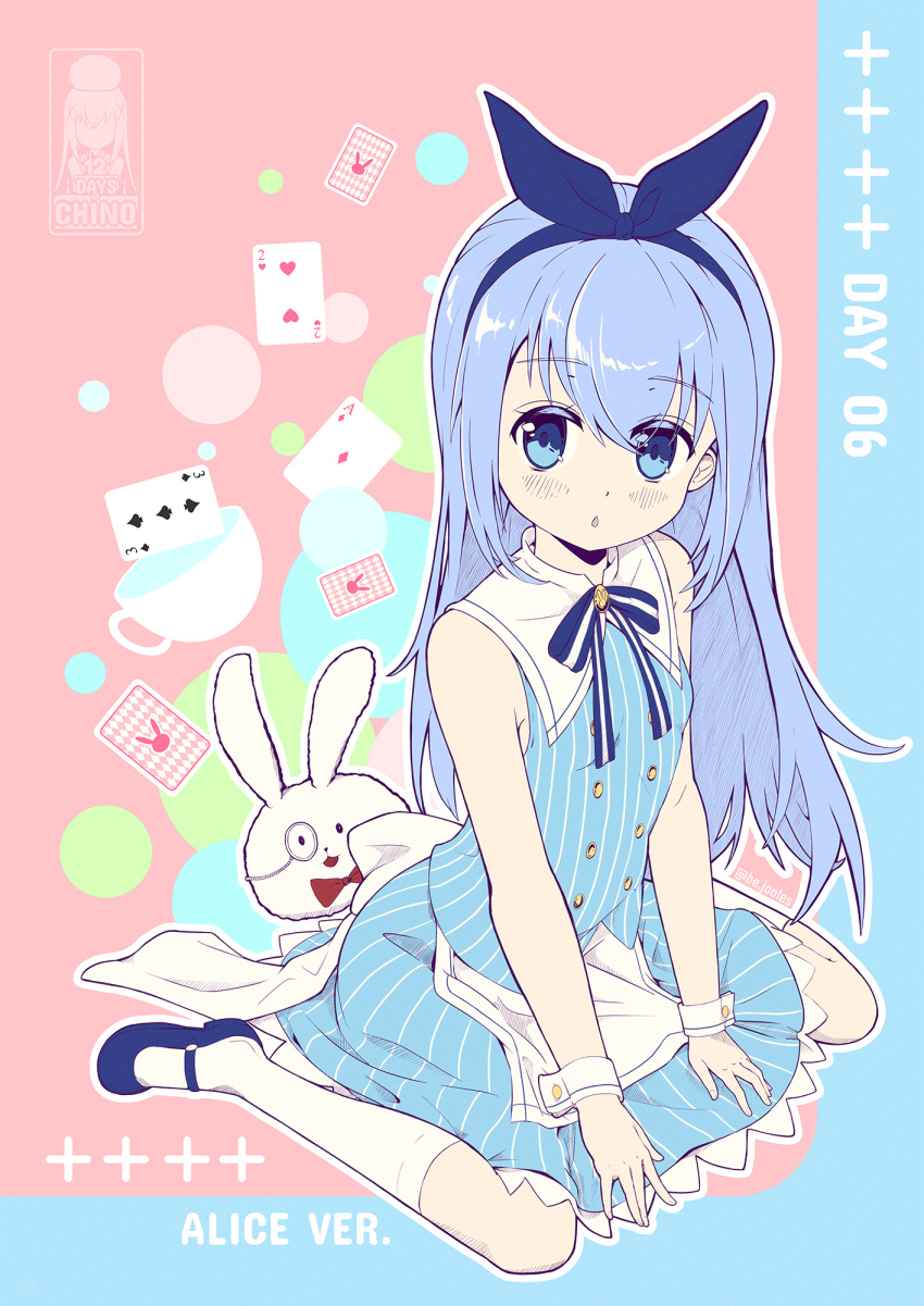 1girl alice_(alice_in_wonderland) alice_(alice_in_wonderland)_(cosplay) alice_in_wonderland blue_bow blue_eyes blue_footwear blue_hair blue_hairband blue_ribbon blue_skirt blue_vest bow bow_hairband character_name cosplay gochuumon_wa_usagi_desu_ka? hair_bow hairband highres kafuu_chino kneehighs long_hair mary_janes miniskirt neck_ribbon nozo.me open_mouth rabbit ribbon shiny shiny_hair shirt shoes skirt sleeveless sleeveless_shirt solo straight_hair striped striped_ribbon striped_shirt striped_skirt triangle_mouth vertical-striped_shirt vertical-striped_skirt vertical_stripes vest white_legwear