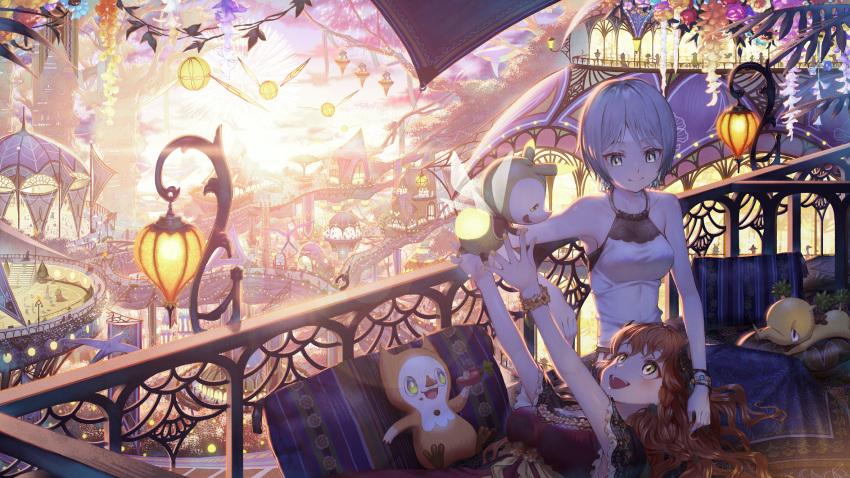2girls :d black_horns bracelet breasts bridge brown_hair day fairy fireworks flower hands_up highres horns jewelry lantern long_hair lying medium_breasts multiple_girls on_back original outdoors outstretched_arms railing sho_(sumika) silver_hair sitting small_breasts smile