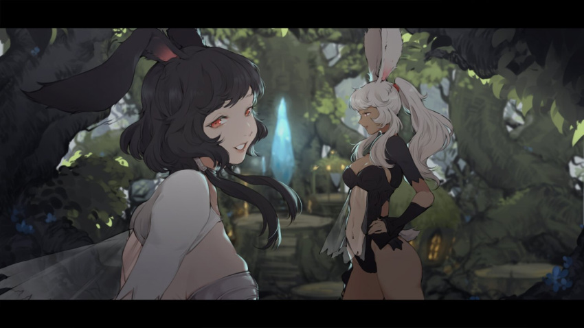2girls animal_ears black_dress black_hair blurry blurry_background breasts dmuyaa dress ears_down final_fantasy final_fantasy_xiv hair_ornament letterboxed long_hair looking_at_viewer looking_back multiple_girls nature orange_eyes rabbit_ears short_hair_with_long_locks skindentation smile tree treehouse viera white_hair