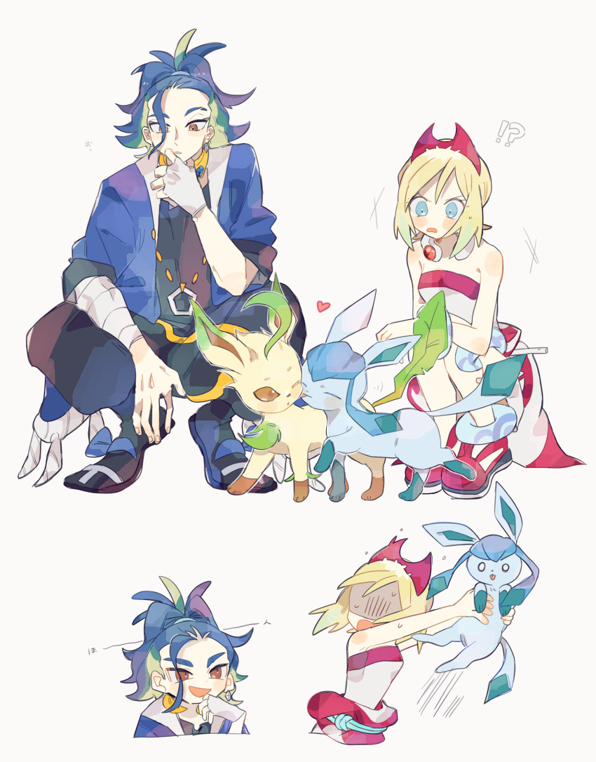 !? 1boy 1girl :d adaman_(pokemon) bangs blonde_hair blue_eyes blush_stickers body_blush bracelet commentary_request earrings glaceon hand_up heart highres holding holding_pokemon irida_(pokemon) jewelry kagetsu_(hagepoke123) leafeon licking licking_another's_face multicolored_hair o_o pants pokemon pokemon_(creature) pokemon_(game) pokemon_legends:_arceus red_footwear shoes smile spread_legs squatting white_background