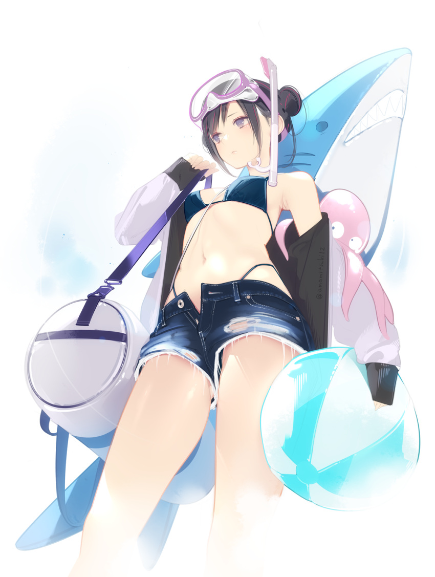 1girl ama_mitsuki armpits bag ball bare_shoulders beachball bikini black_hair blue_bikini blush breasts closed_mouth denim denim_shorts feet_out_of_frame goggles goggles_on_head highres inflatable_shark inflatable_toy jacket long_sleeves looking_away looking_to_the_side multicolored_hair navel octopus off_shoulder open_clothes open_fly open_jacket open_shorts original redhead short_hair short_shorts shorts shoulder_bag simple_background small_breasts snorkel solo standing stomach swimsuit torn_clothes torn_shorts two-tone_hair violet_eyes white_background white_jacket