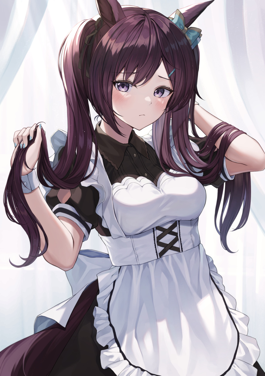 1girl absurdres animal_ears apron bangs black_dress blue_bow blush bow closed_mouth dress eyebrows_visible_through_hair hair_bow hair_ornament hairclip highres holding holding_hair horse_ears horse_girl horse_tail kurousagi_yuu looking_at_viewer mejiro_dober_(umamusume) purple_hair short_sleeves solo tail umamusume violet_eyes white_apron