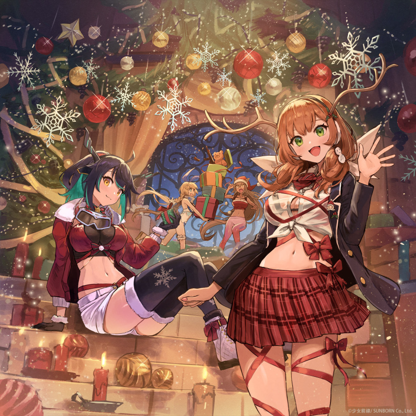 4girls animal_ear_fluff animal_ears artist_request bangs bikini black_gloves black_hair black_jacket black_legwear blazer blonde_hair blush boots bow bowtie box bra braid breasts brown_hair christmas christmas_ornaments christmas_tree closed_mouth commentary_request cr-21_(girls'_frontline) deer_antlers deer_ears earmuffs eyebrows_visible_through_hair eyewear_around_neck fake_animal_ears feet_out_of_frame fnc_(girls'_frontline) full_body fur-trimmed_gloves fur-trimmed_jacket fur-trimmed_legwear fur_trim gift girls_frontline gloves green_eyes green_hair grey_hair hair_between_eyes hair_ornament hairclip hand_on_floor hand_up hat highres holding holding_box holding_gift howa_type_89_(girls'_frontline) jacket leggings legs long_hair looking_at_another looking_at_viewer medium_breasts medium_hair merry_christmas multicolored_hair multiple_girls navel official_alternate_costume official_art open_clothes open_jacket open_mouth panties promotional_art red_bikini red_bow red_bowtie red_bra red_headwear red_jacket red_panties red_ribbon red_skirt ribbon saf_(girls'_frontline) safety_glasses santa_bikini santa_bra santa_hat santa_panties shirt shorts sitting sitting_on_stairs skirt smile sportswear stairs standing swimsuit thigh-highs twin_braids two-tone_hair underwear white_footwear white_shirt white_shorts yellow_eyes