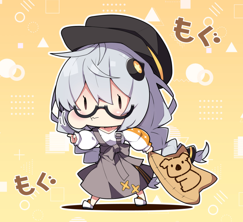 1girl :t a.i._voice bangs black-framed_eyewear black_headwear blush braid brown_background brown_eyes cabbie_hat chibi closed_mouth commentary_request finger_gun food full_body grey_hair grey_skirt hair_between_eyes hat highres holding holding_food kizuna_akari koala_no_march long_hair long_sleeves low_twintails milkpanda puffy_cheeks puffy_long_sleeves puffy_sleeves semi-rimless_eyewear shirt shoes skirt sleeves_past_wrists solo standing suspender_skirt suspenders translation_request twin_braids twintails under-rim_eyewear very_long_hair voiceroid wavy_mouth white_footwear white_shirt