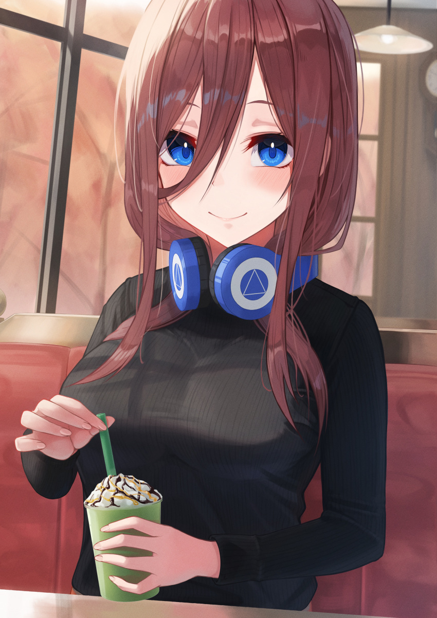 1girl absurdres alternate_costume bangs black_sweater blue_eyes blush breasts brown_hair commentary_request drink eyebrows_behind_hair go-toubun_no_hanayome hair_between_eyes headphones headphones_around_neck highres hiyoku holding long_hair medium_breasts nakano_miku ribbed_sweater shy sweater upper_body