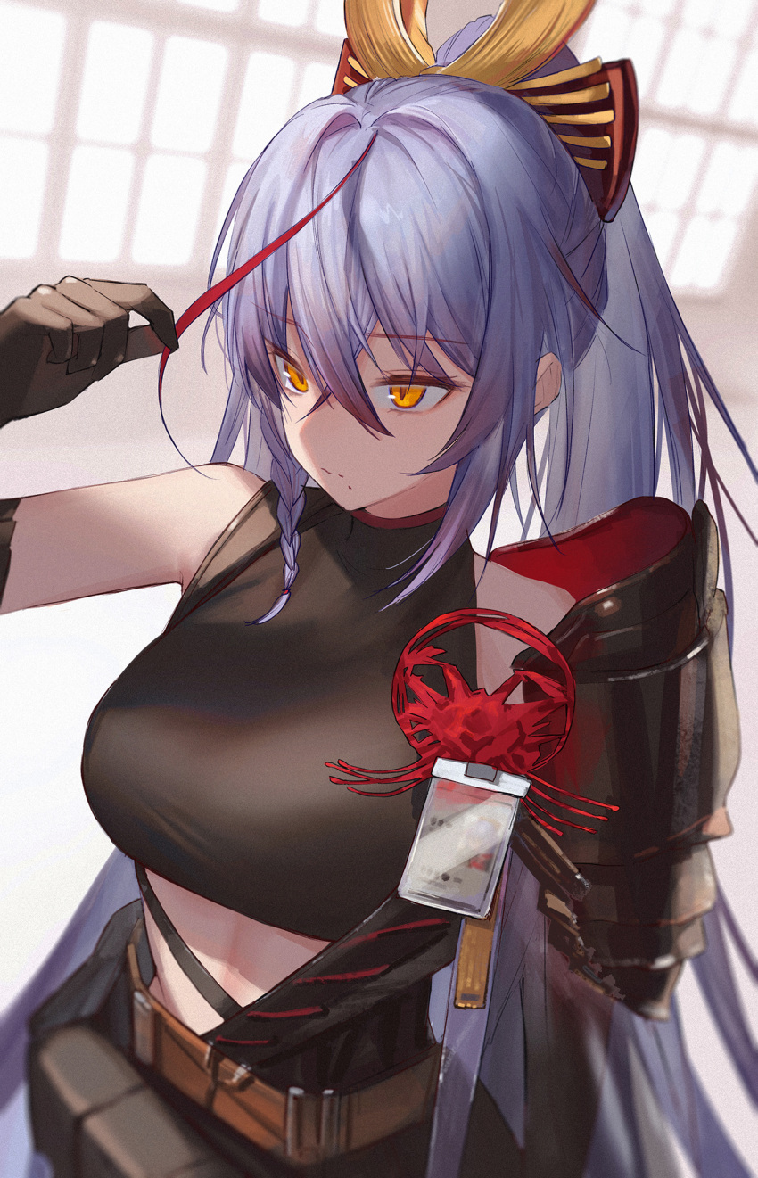 1girl akafuyu_(arknights) arknights bare_shoulders belt black_gloves black_shirt blue_hair breasts brown_belt closed_mouth commentary_request gloves hair_between_eyes hair_ornament highres jfjf large_breasts long_hair mole mole_under_mouth multicolored_hair ponytail redhead shirt solo streaked_hair yellow_eyes