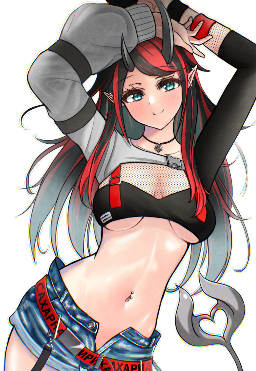 1girl absurdres arm_strap arms_up bangs belt bikini bikini_top black_bikini black_hair blue_eyes blue_shorts blush breasts closed_mouth commentary_request contrapposto cowboy_shot demon_girl demon_horns demon_tail ear_piercing eyebrows_visible_through_hair fishnet_top fishnets highres horns jewelry large_breasts long_hair looking_at_viewer loose_belt midriff multicolored_hair navel navel_piercing necklace official_alternate_costume open_fly piercing pointy_ears red_belt redhead russian_text ryugasaki_rene sanada_shinka short_shorts shorts shrug_(clothing) simple_background single_sleeve smile solo sugar_lyric suspenders swimsuit tail transparent_background two-tone_hair under_boob virtual_youtuber