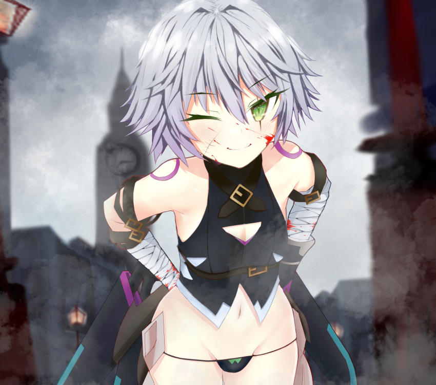 1girl arms_behind_back bandaged_arm bandages bare_shoulders beni8539 black_panties black_vest blood blood_on_face breasts closed_mouth cropped_vest fate/apocrypha fate_(series) green_eyes hair_between_eyes highres jack_the_ripper_(fate/apocrypha) knife leaning_forward looking_at_viewer navel one_eye_closed panties scar scar_across_eye scar_on_cheek scar_on_face sheath short_hair shoulder_tattoo small_breasts smile solo tattoo thighs underwear vest white_hair