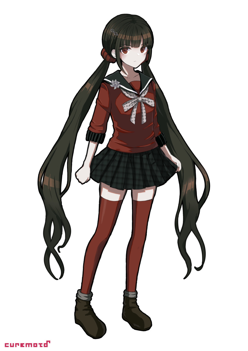 1girl absurdres artist_name bangs black_sailor_collar black_skirt blunt_bangs bow bowtie brown_footwear brown_hair clenched_hands closed_mouth collarbone commentary_request danganronpa_(series) danganronpa_v3:_killing_harmony eyebrows_visible_through_hair grey_bow grey_bowtie hair_ornament hairclip harukawa_maki highres kyua_moto long_hair long_sleeves looking_at_viewer low_twintails mole mole_under_eye plaid plaid_skirt pleated_skirt polka_dot polka_dot_bow red_eyes red_legwear red_scrunchie red_shirt sailor_collar school_uniform scrunchie shirt shoes simple_background skirt thigh-highs twintails white_background