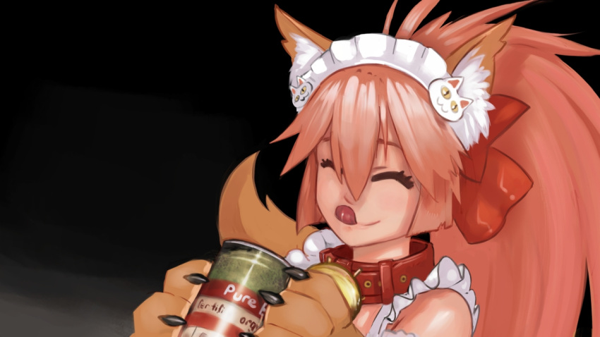 1girl animal_ear_fluff animal_ears animal_hands apron bangs bell black_background bow can canned_food cat_hair_ornament claws closed_eyes collar fate/grand_order fate_(series) fox_ears fox_girl fox_tail hair_bow hair_ornament hair_ribbon long_hair maid_headdress naked_apron neck_bell paintrfiend pink_hair red_bow red_collar red_ribbon ribbon smile solo tail tamamo_(fate) tamamo_cat_(fate) tongue tongue_out
