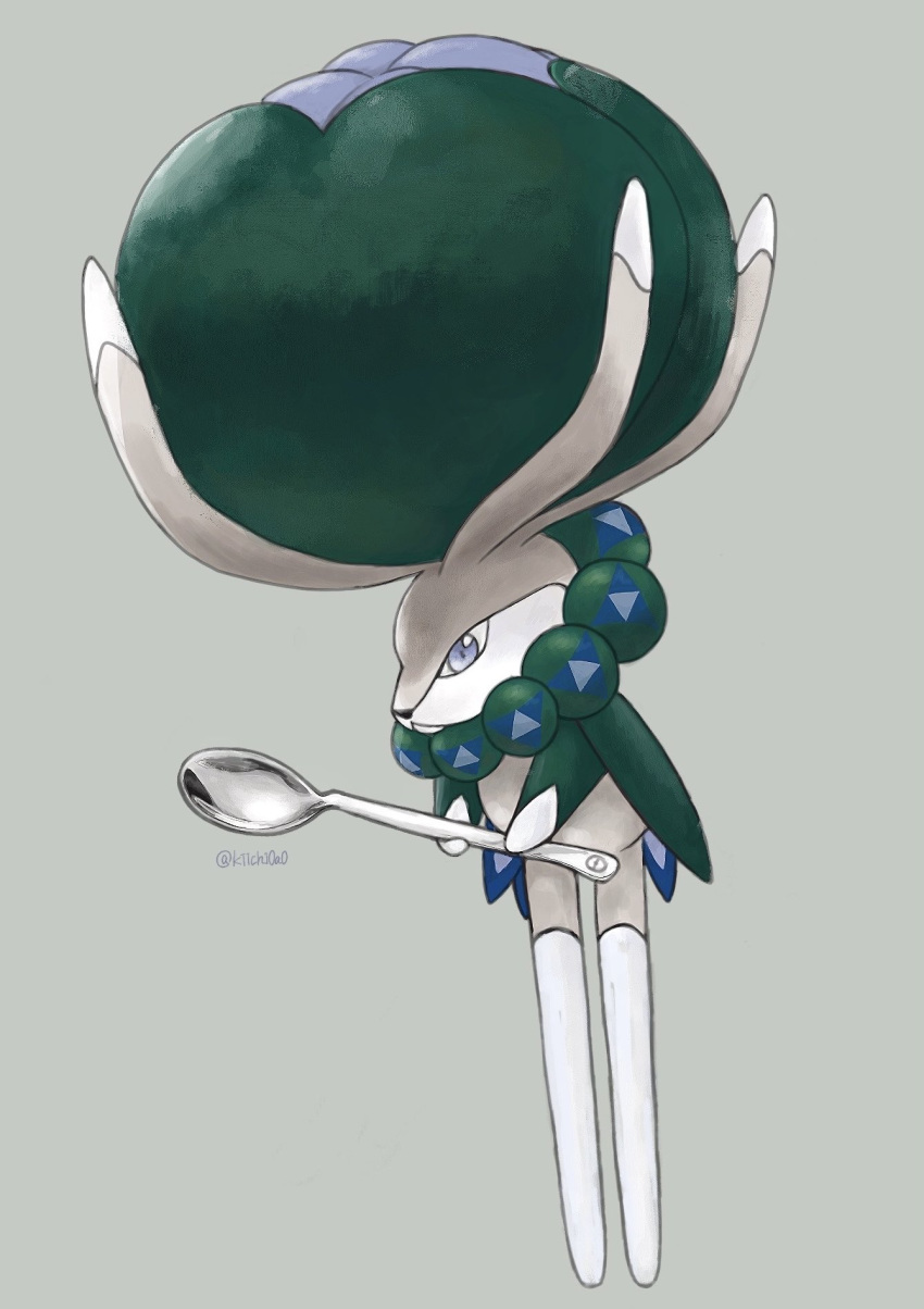 :&lt; calyrex closed_mouth commentary_request frown full_body grey_eyes highres holding holding_spoon kiichev looking_down pokemon pokemon_(creature) simple_background solo spoon twitter_username