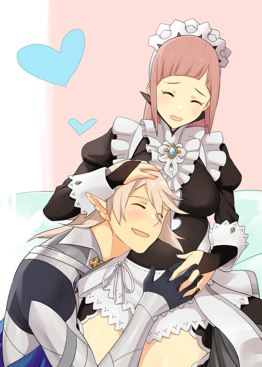 1boy 1girl absurdres apron armor bangs black_dress black_gloves blush breasts bridal_gauntlets brooch center_frills closed_eyes commentary commission corrin_(fire_emblem) corrin_(fire_emblem)_(male) couple dress english_commentary felicia_(fire_emblem) fingernails fire_emblem fire_emblem_fates frills gloves grey_hair hair_between_eyes hand_on_another's_head heart hetero highres holding_hands hug igni_tion jewelry large_breasts long_hair long_sleeves maid maid_headdress md5_mismatch open_mouth pink_hair pointy_ears pregnant resolution_mismatch ring short_hair sidelocks sitting smile source_smaller thighs upper_body waist_apron wedding_ring white_apron