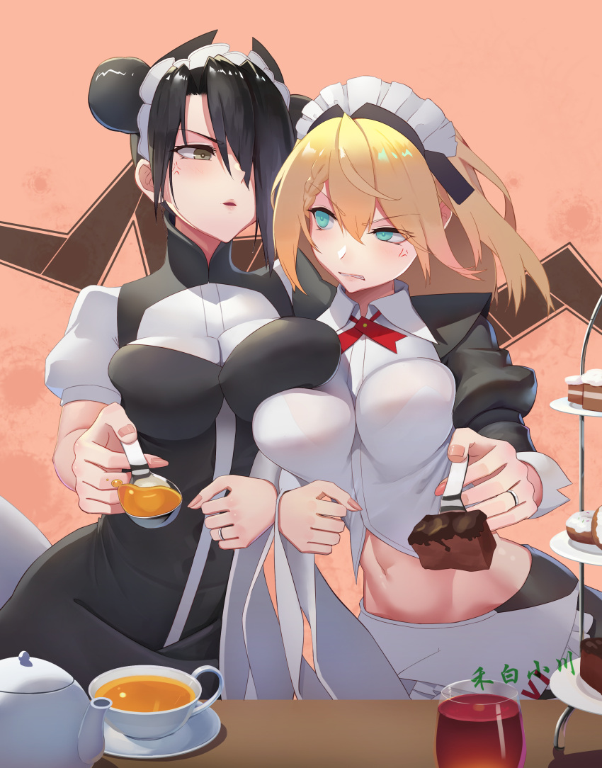 2girls absurdres agent_(girls'_frontline) anger_vein black_hair blonde_hair blue_eyes breast_press breasts brown_eyes cup double_bun g36_(girls'_frontline) girls_frontline hair_between_eyes hebai_xiaochuan highres jewelry large_breasts looking_at_another maid maid_headdress multiple_girls navel ring saucer stomach tea teacup teapot