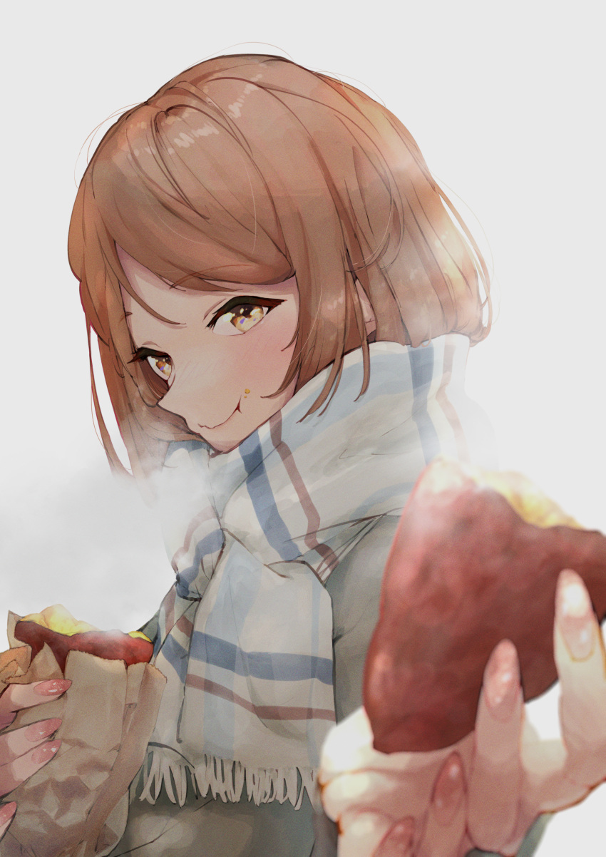 1girl :t absurdres debris eyebrows_visible_through_hair food foreshortening highres hojo_karen holding holding_food idolmaster idolmaster_cinderella_girls looking_at_viewer looking_to_the_side nail_polish orange_hair reaching_out sanpo_(sanpo_1027) scarf simple_background smile solo steam sweet_potato upper_body white_background