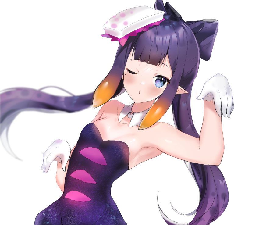 1girl armpits backlighting bangs blue_eyes blunt_bangs callie_(splatoon) callie_(splatoon)_(cosplay) commentary cosplay detached_collar dress dutch_angle flat_chest gloves hair_ornament highres hololive hololive_english long_hair looking_at_viewer maru_ccy mole mole_under_eye ninomae_ina'nis one_eye_closed pointy_ears purple_hair solo splatoon_(series) strapless strapless_dress tentacle_hair white_background white_gloves