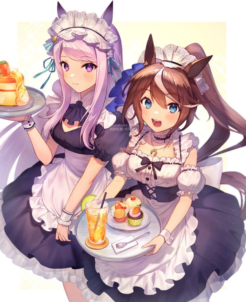 2girls animal_ears breasts cake commentary_request food highres horse_ears long_hair looking_at_viewer maid maid_headdress mejiro_mcqueen_(umamusume) multiple_girls necklate open_mouth ponytail simple_background small_breasts tokai_teio_(umamusume) tsunakawa umamusume violet_eyes white_background