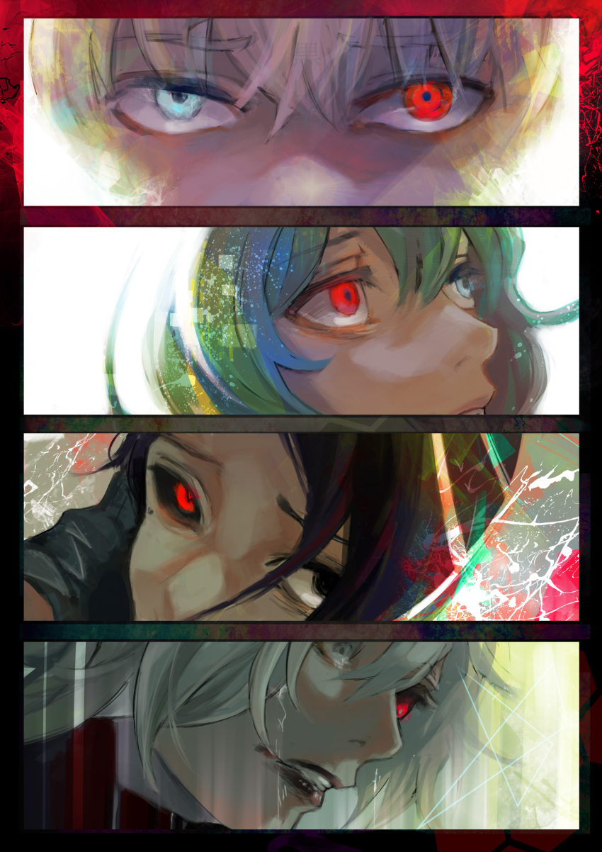 1girl 3boys absurdres bangs black_border black_eyes black_gloves black_hair black_sclera border colored_sclera eto_(tokyo_ghoul) face furuta_nimura gloves green_hair grey_eyes grey_hair heterochromia highres kaneki_ken kyuuba_melo looking_at_viewer looking_up multiple_boys official_style parted_lips red_border red_eyes red_lips short_hair takizawa_seidou tokyo_ghoul tokyo_ghoul:re white_background