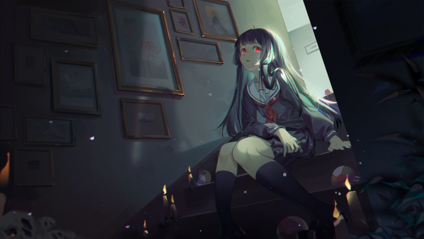 1girl absurdres arm_at_side backlighting ball bangs black_footwear black_hair black_legwear black_serafuku black_skirt blunt_bangs candle candlelight enma_ai feet_out_of_frame flat_chest flower highres hime_cut holding indoors jigoku_shoujo kneehighs lan-ge-zi light_particles lipstick loafers long_hair long_sleeves looking_away makeup neckerchief picture_frame plant red_eyes red_neckerchief school_uniform serafuku shoes sideways_glance sitting sitting_on_stairs skirt skirt_set skull solo stairs straight_hair temari_ball voodoo_doll waraningyou