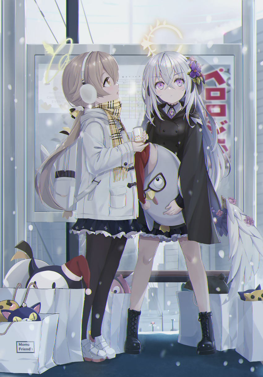 2girls absurdres aka_(440626) azusa_(blue_archive) blue_archive coat commentary_request earmuffs hair_between_eyes halo hifumi_(blue_archive) highres jacket light_brown_hair long_hair looking_up low_twintails multiple_girls peroro_(blue_archive) scarf school_uniform silver_hair snowing stuffed_animal stuffed_toy twintails violet_eyes winter_clothes winter_coat