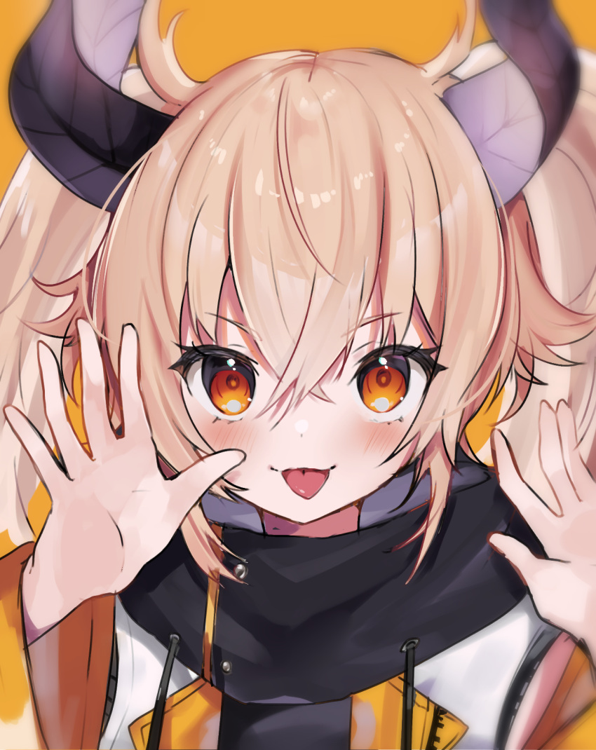 1girl blush hair_between_eyes highres horns kagase_uno light_brown_hair looking_at_viewer maru_ccy orange_background orange_eyes simple_background solo tongue tongue_out twintails upper_body versen virtual_youtuber