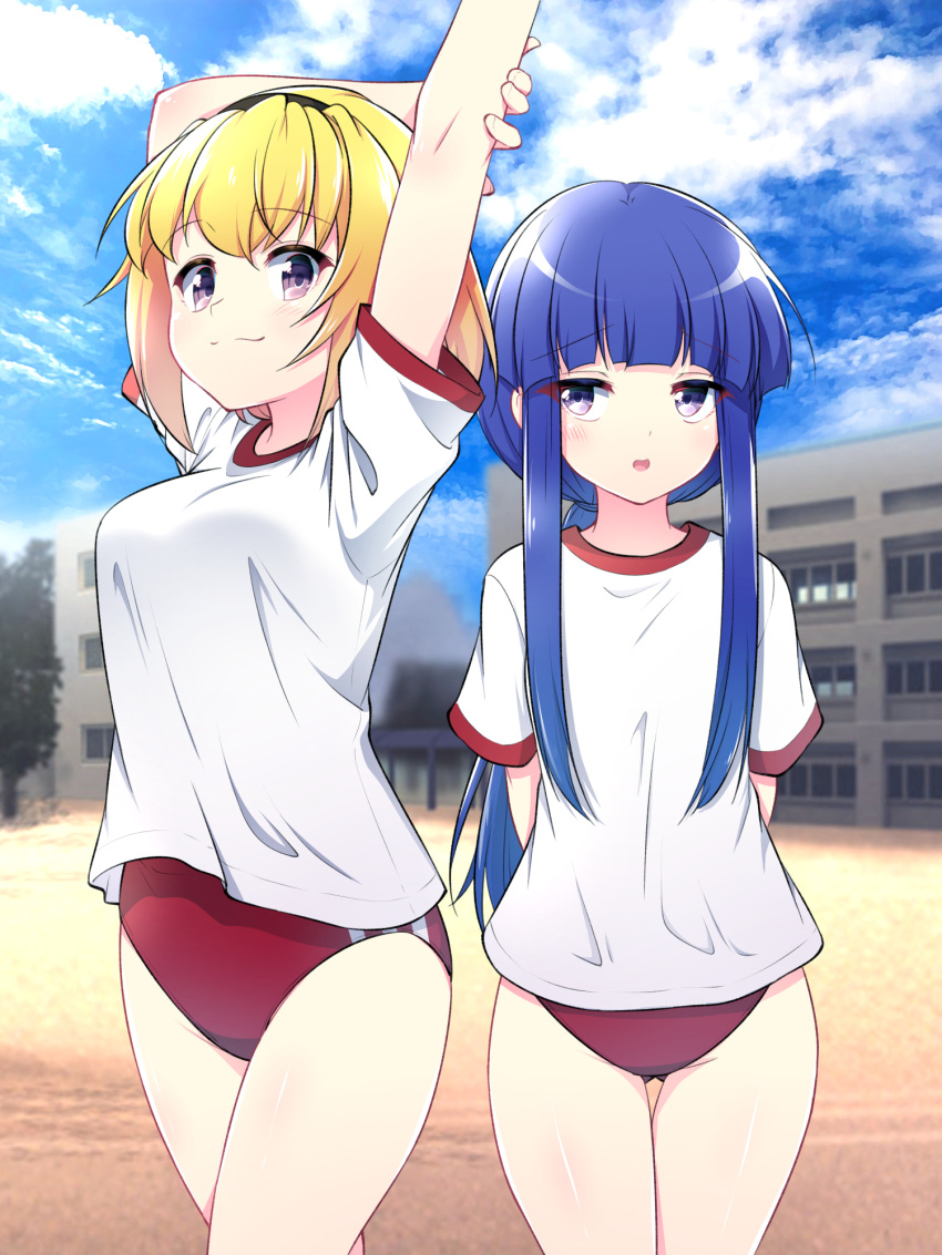 2girls arms_behind_back arms_up ass_visible_through_thighs bangs blonde_hair blue_hair blunt_bangs breasts building buruma clouds furude_rika gym_uniform hairband hazumi_otoya highres higurashi_no_naku_koro_ni houjou_satoko long_hair multiple_girls older outdoors ponytail red_buruma shirt short_hair short_sleeves sky smile stretch thigh_gap thighs violet_eyes white_shirt