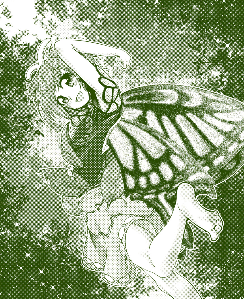 0-den 1girl antennae bare_legs barefoot blush butterfly_wings dress eternity_larva eyebrows_visible_through_hair fairy highres leaf leaf_on_head looking_at_viewer monochrome multicolored_clothes multicolored_dress open_mouth short_hair skirt smile solo touhou wings
