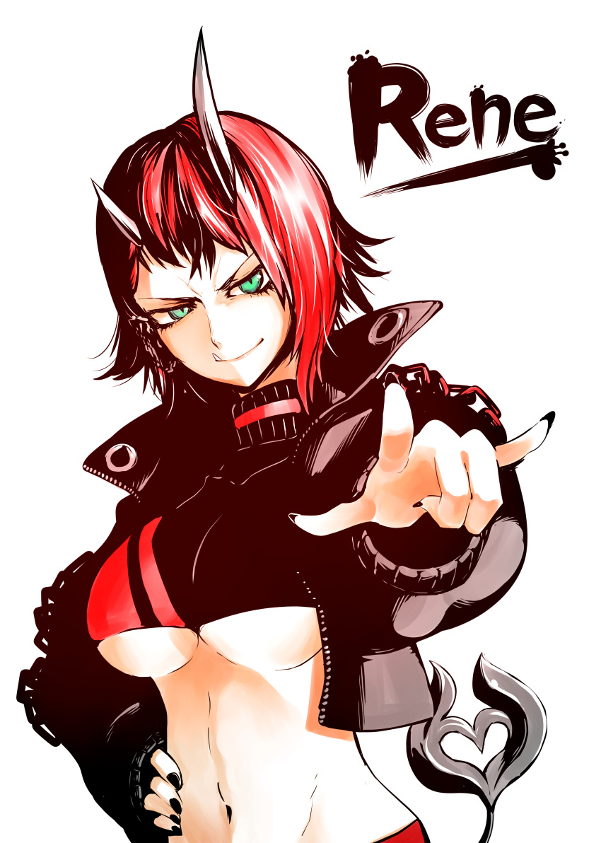 1girl \n/ absurdres bangs black_hair black_jacket black_nails black_sports_bra breasts chain character_name closed_mouth commentary_request cropped_jacket demon_girl demon_horns demon_tail engacyo_(engacyo39800yen) green_eyes hand_on_hip highres horns jacket large_breasts looking_at_viewer midriff multicolored_hair nail_polish navel open_clothes open_jacket pointing pointing_at_viewer pointy_ears red_sports_bra redhead ryugasaki_rene short_hair simple_background smile solo sports_bra sugar_lyric tail two-tone_hair under_boob upper_body virtual_youtuber white_background zipper