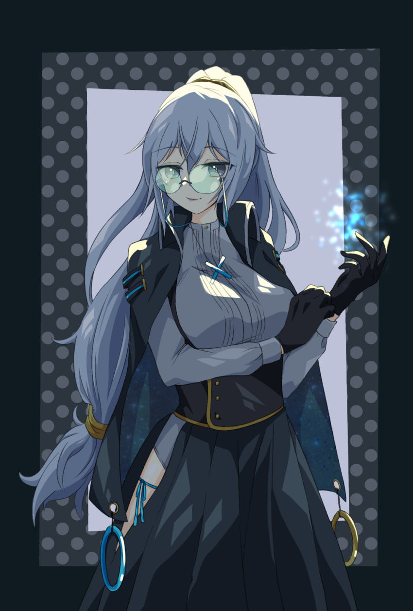 .live 1girl alternate_costume bespectacled blue_eyes commentary_request glasses gloves hair_between_eyes highres hotorincho jewelry long_hair looking_at_viewer necklace ponytail rikumu silver_hair simple_background solo virtual_youtuber