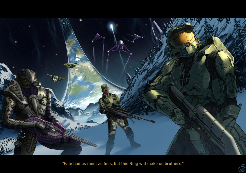 3boys absurdres alien arbiter assault_rifle banshee_(halo) brown_eyes bullpup covenant_carbine dark-skinned_male dark_skin english_text green_headwear gun halo_(series) halo_2 highres holding holding_gun holding_weapon ma5 male_focus master_chief mcc-cookie multiple_boys pelican_(halo) power_armor rifle science_fiction sergeant_johnson snow space subtitled thel'vadam tree visor weapon